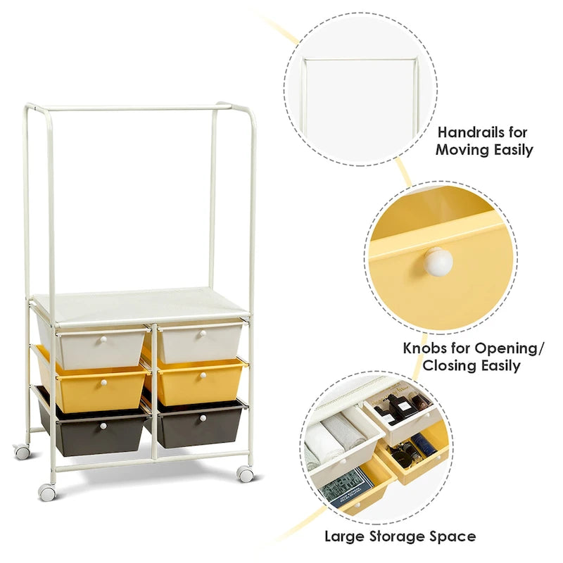 6-Drawer Rolling Storage Cart with Hanging Bar and Open Shelf, Black