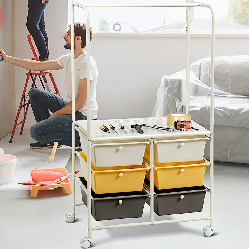 6-Drawer Rolling Storage Cart with Hanging Bar and Open Shelf, Black