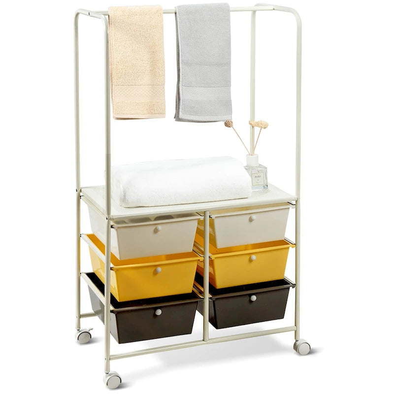 6-Drawer Rolling Storage Cart with Hanging Bar and Open Shelf, Black