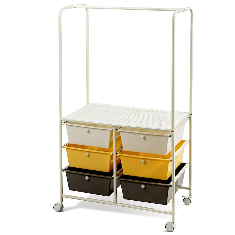 6-Drawer Rolling Storage Cart with Hanging Bar and Open Shelf, Black