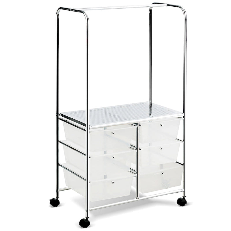6-Drawer Rolling Storage Cart with Hanging Bar and Open Shelf, Black