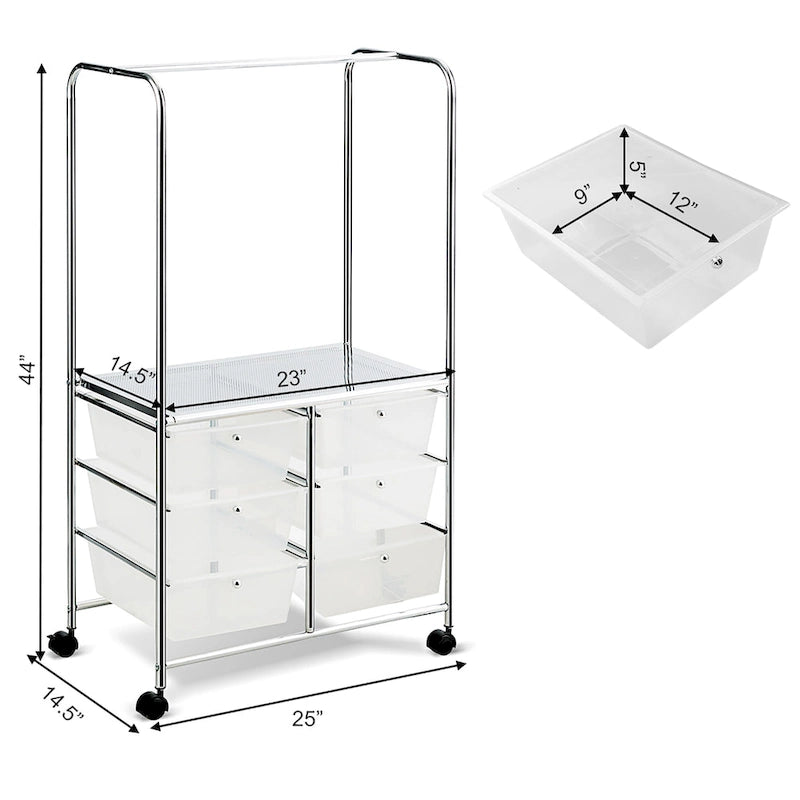 6-Drawer Rolling Storage Cart with Hanging Bar and Open Shelf, Black