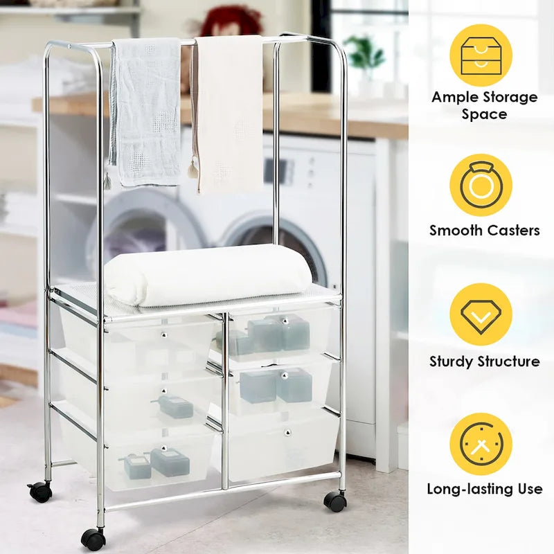 6-Drawer Rolling Storage Cart with Hanging Bar and Open Shelf, Black