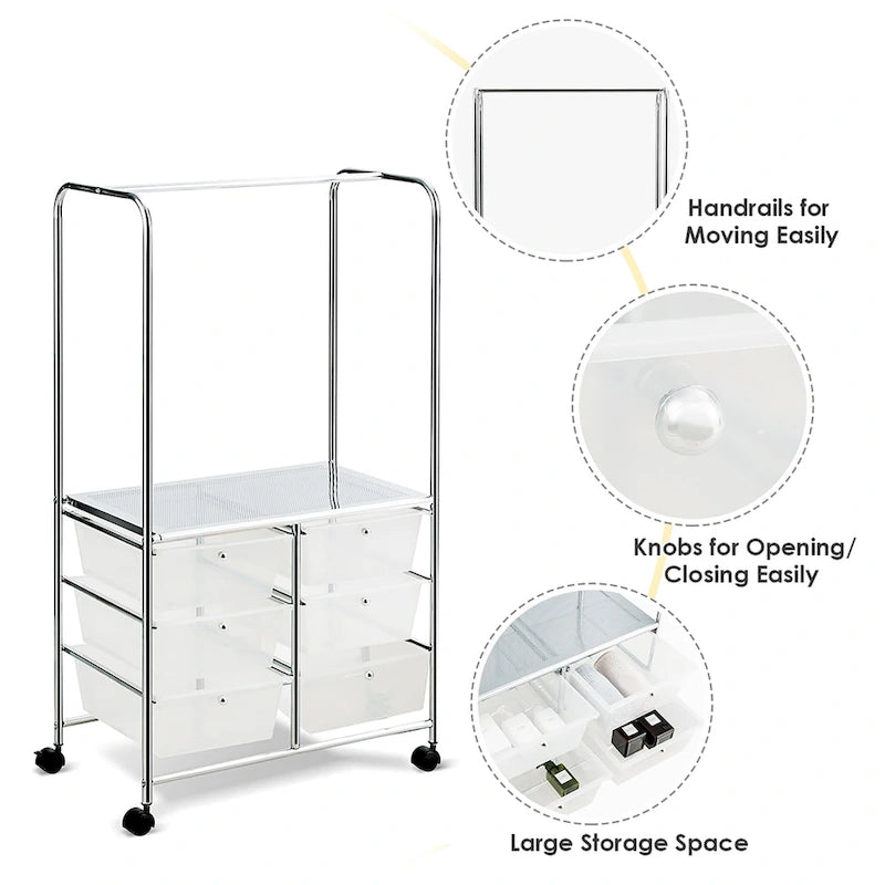 6-Drawer Rolling Storage Cart with Hanging Bar and Open Shelf, Black
