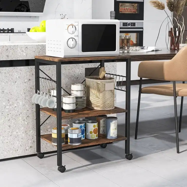 3-Tier Rolling Storage Cart with Adjustable Shelves and Hooks Rustic Brown