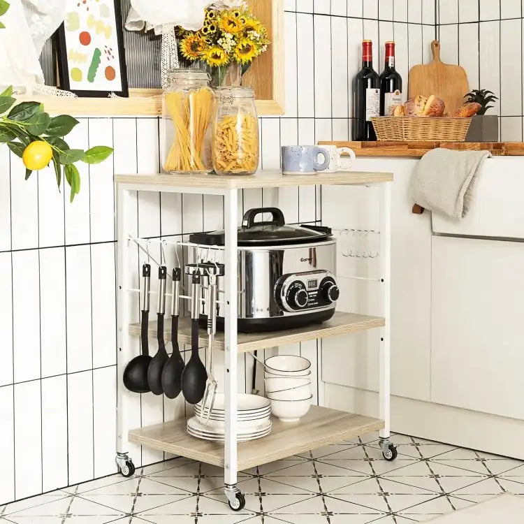 3-Tier Rolling Storage Cart with Adjustable Shelves and Hooks Rustic Brown