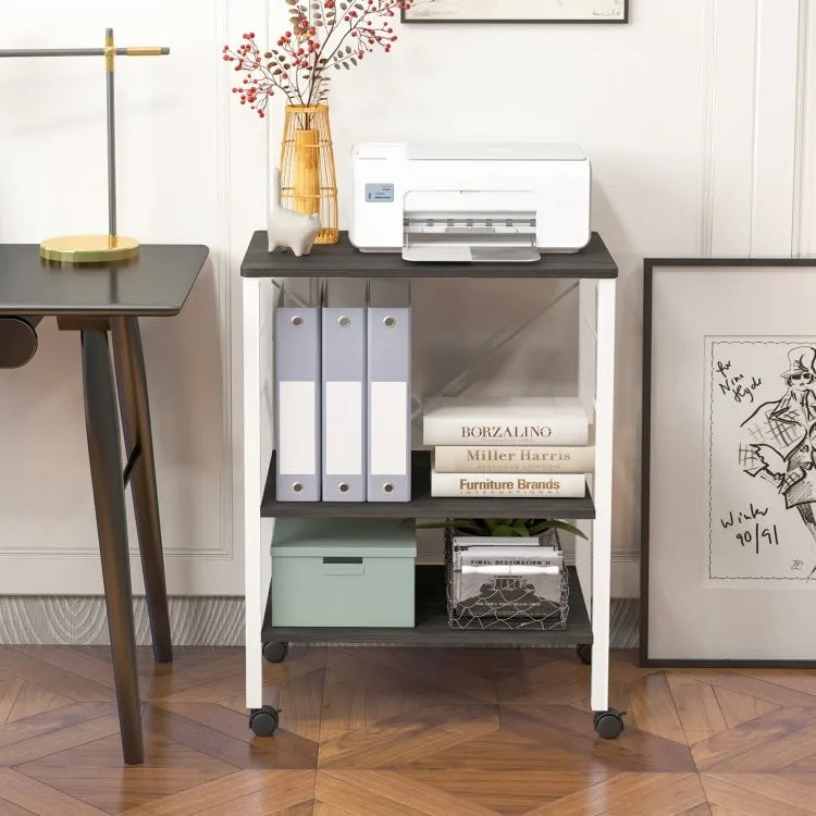 3-Tier Rolling Storage Cart with Adjustable Shelves and Hooks Rustic Brown