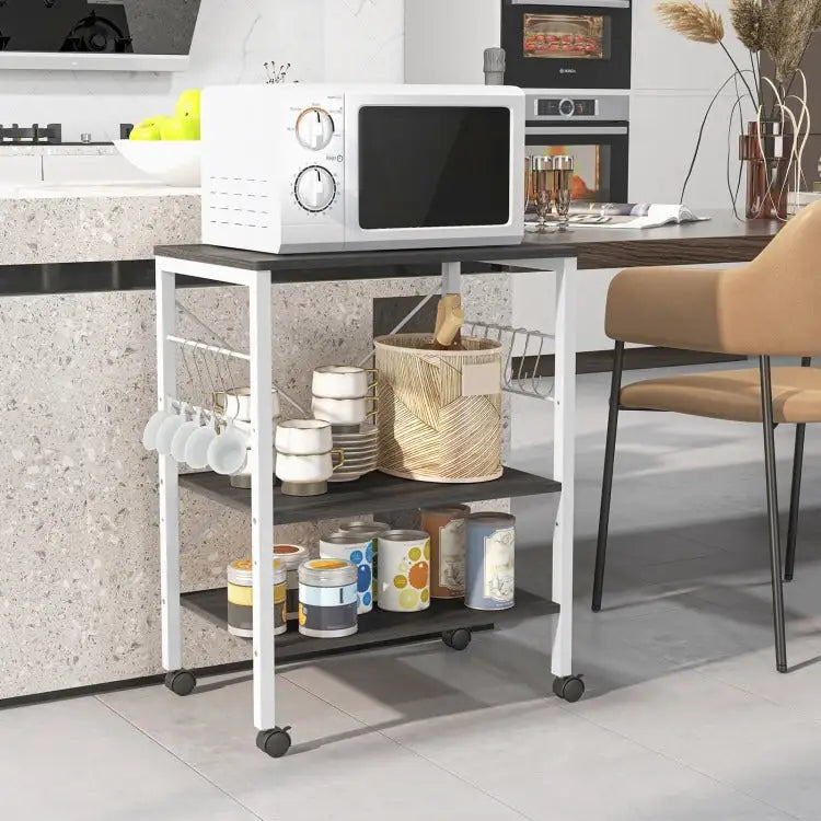 3-Tier Rolling Storage Cart with Adjustable Shelves and Hooks Rustic Brown