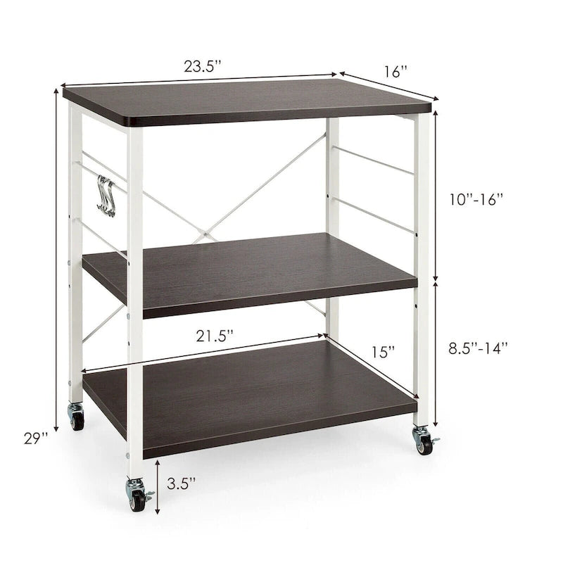 3-Tier Rolling Storage Cart with Adjustable Shelves and Hooks Rustic Brown