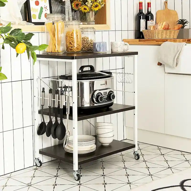 3-Tier Rolling Storage Cart with Adjustable Shelves and Hooks Rustic Brown