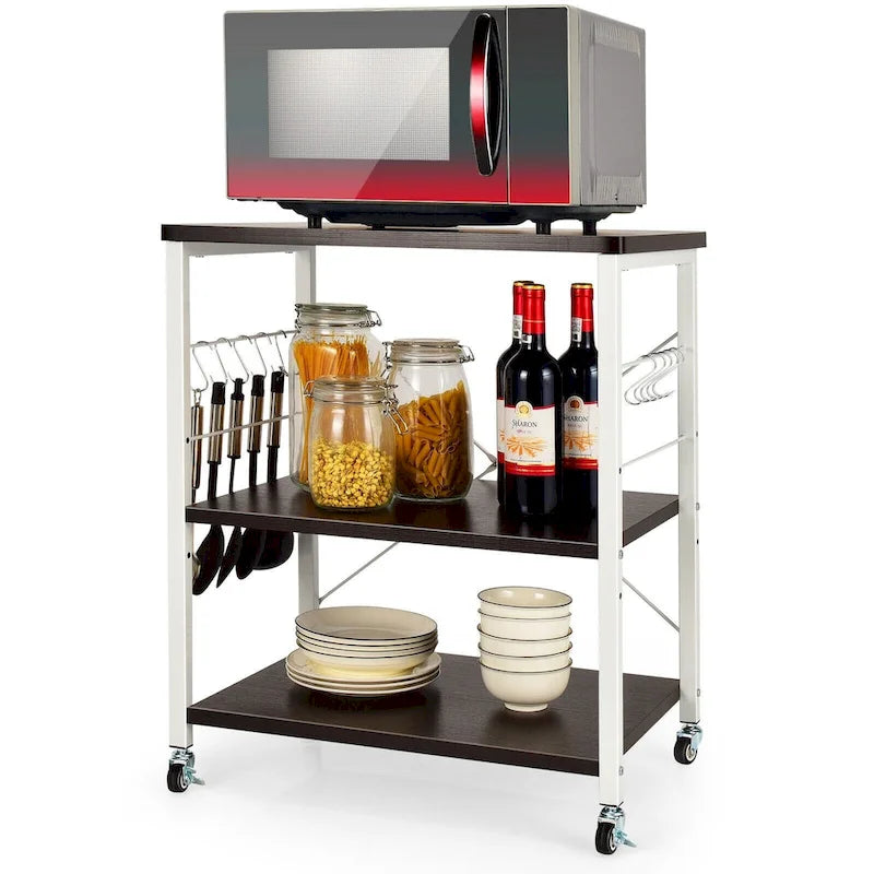 3-Tier Rolling Storage Cart with Adjustable Shelves and Hooks Rustic Brown