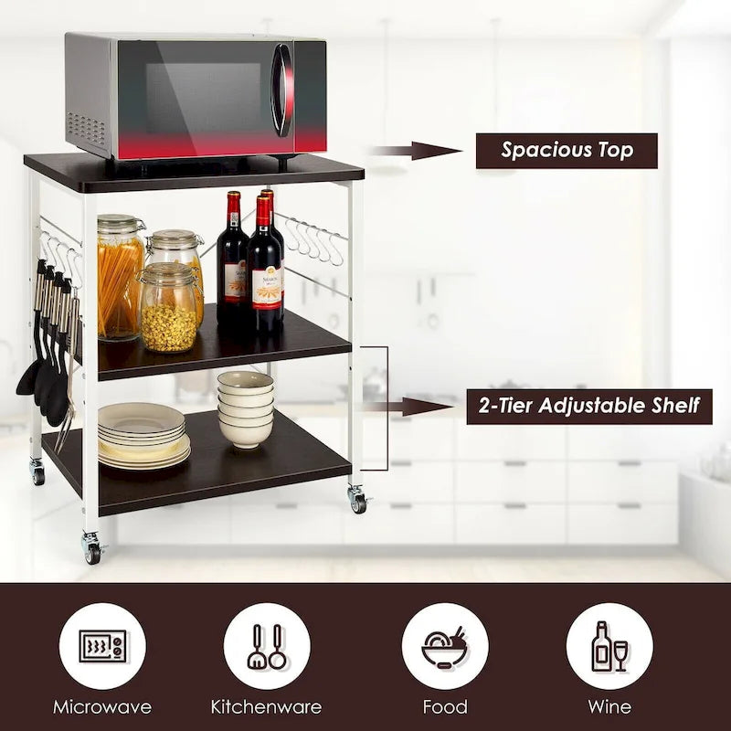 3-Tier Rolling Storage Cart with Adjustable Shelves and Hooks Rustic Brown