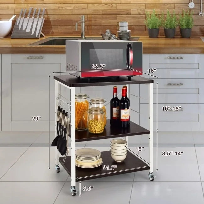 3-Tier Rolling Storage Cart with Adjustable Shelves and Hooks Rustic Brown