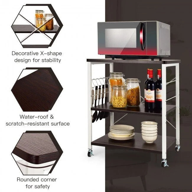 3-Tier Rolling Storage Cart with Adjustable Shelves and Hooks Rustic Brown