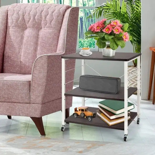 3-Tier Rolling Storage Cart with Adjustable Shelves and Hooks Rustic Brown