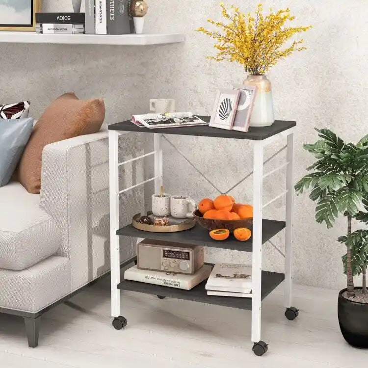 3-Tier Rolling Storage Cart with Adjustable Shelves and Hooks Rustic Brown
