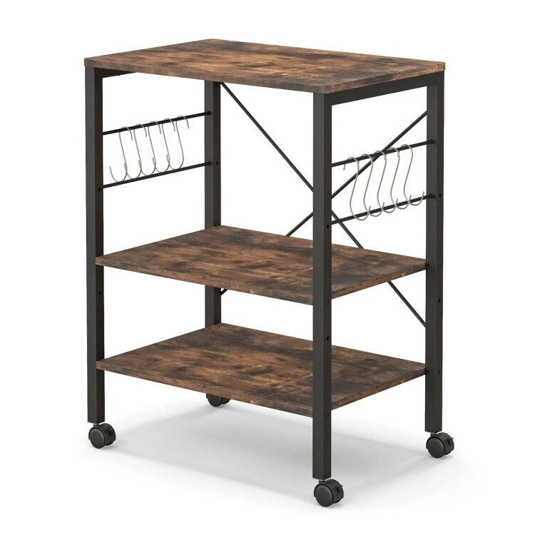 3-Tier Rolling Storage Cart with Adjustable Shelves and Hooks Rustic Brown