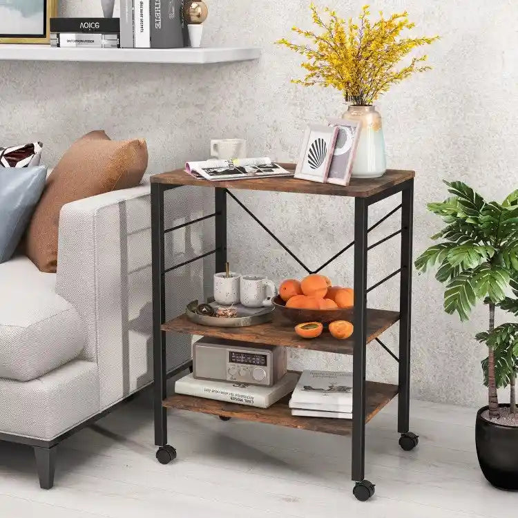 3-Tier Rolling Storage Cart with Adjustable Shelves and Hooks Rustic Brown