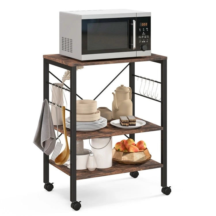 3-Tier Rolling Storage Cart with Adjustable Shelves and Hooks Rustic Brown
