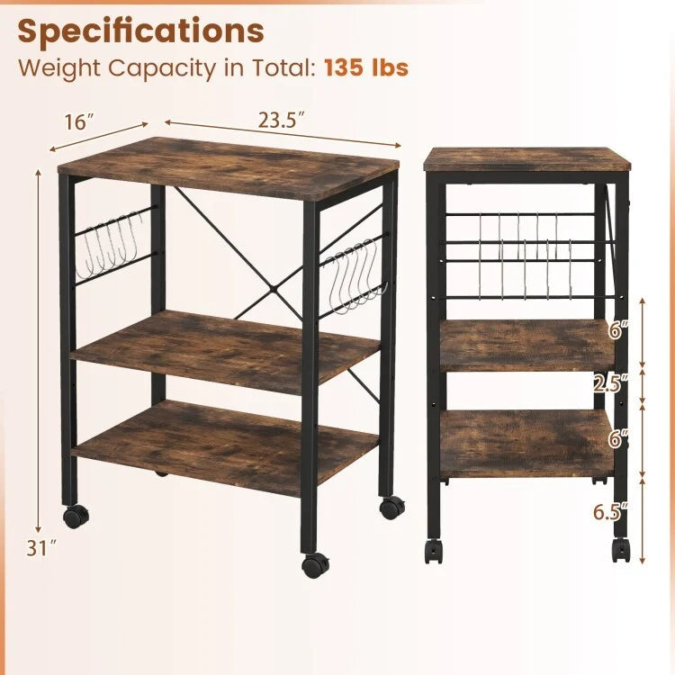 3-Tier Rolling Storage Cart with Adjustable Shelves and Hooks Rustic Brown