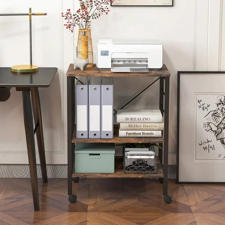 3-Tier Rolling Storage Cart with Adjustable Shelves and Hooks Rustic Brown