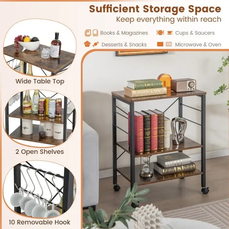 3-Tier Rolling Storage Cart with Adjustable Shelves and Hooks Rustic Brown