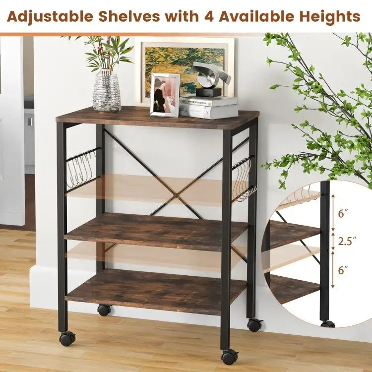 3-Tier Rolling Storage Cart with Adjustable Shelves and Hooks Rustic Brown