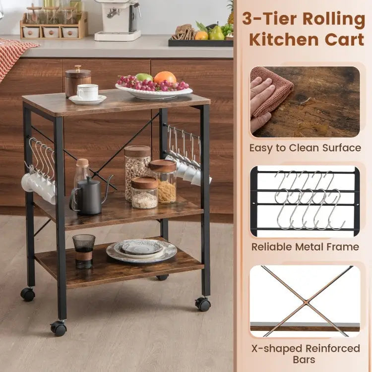 3-Tier Rolling Storage Cart with Adjustable Shelves and Hooks Rustic Brown