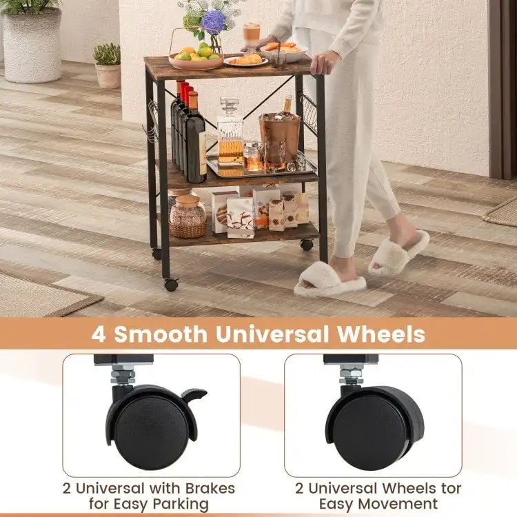 3-Tier Rolling Storage Cart with Adjustable Shelves and Hooks Rustic Brown