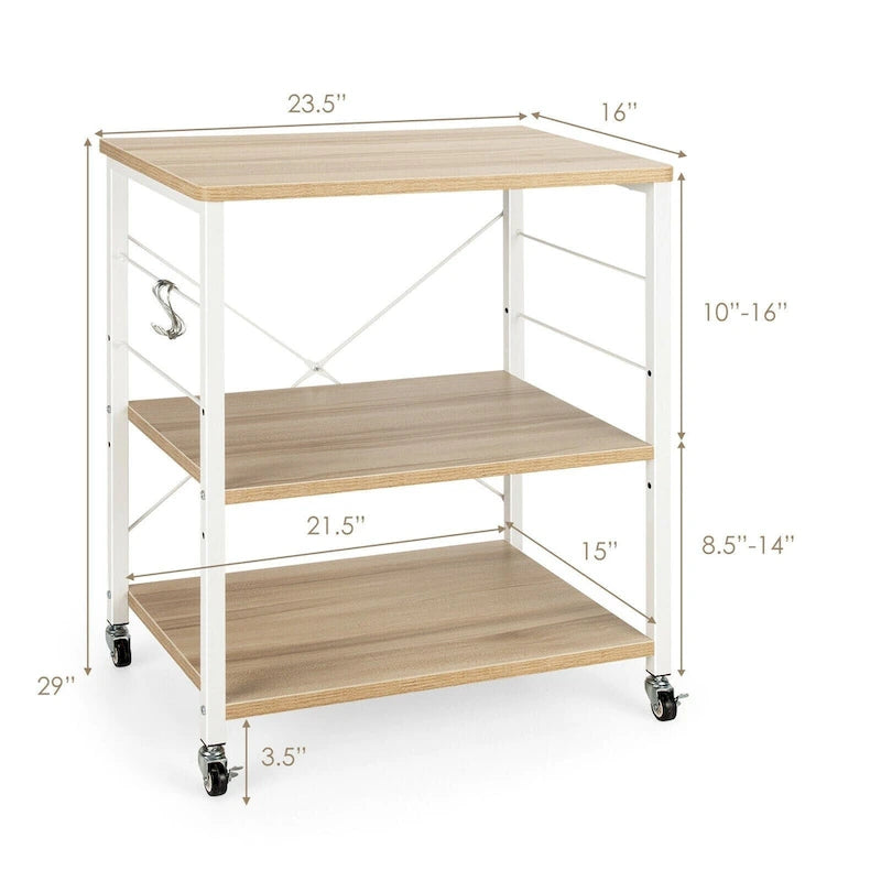 3-Tier Rolling Storage Cart with Adjustable Shelves and Hooks Rustic Brown