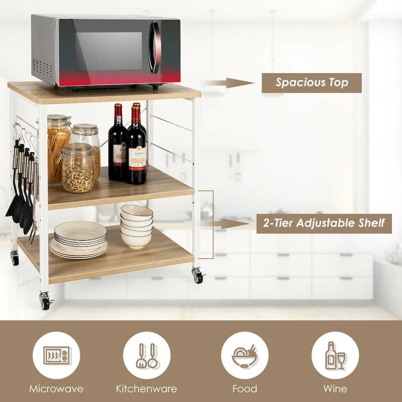 3-Tier Rolling Storage Cart with Adjustable Shelves and Hooks Rustic Brown