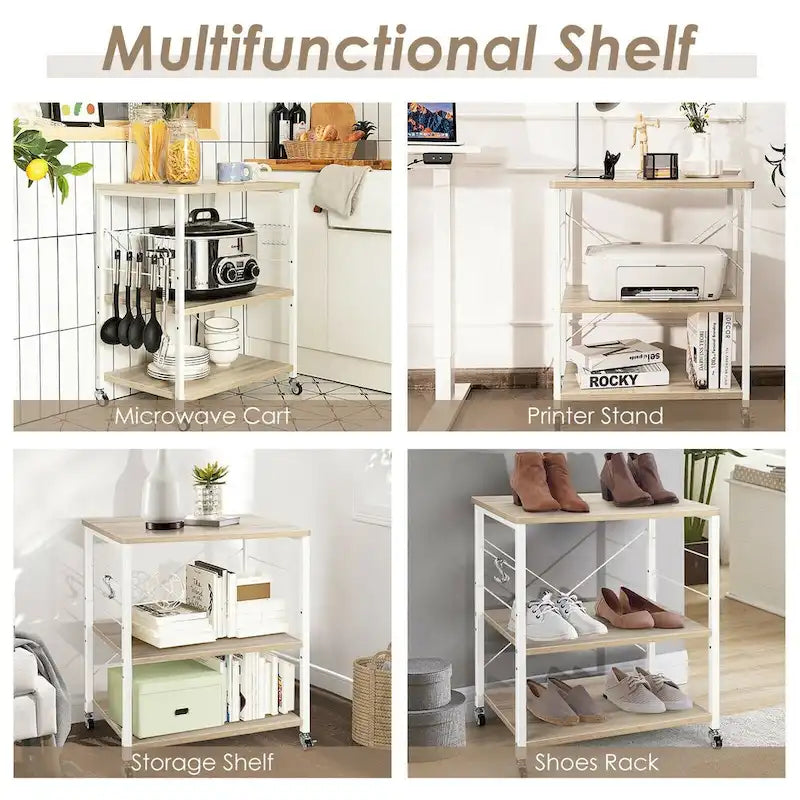 3-Tier Rolling Storage Cart with Adjustable Shelves and Hooks Rustic Brown