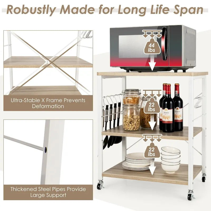 3-Tier Rolling Storage Cart with Adjustable Shelves and Hooks Rustic Brown