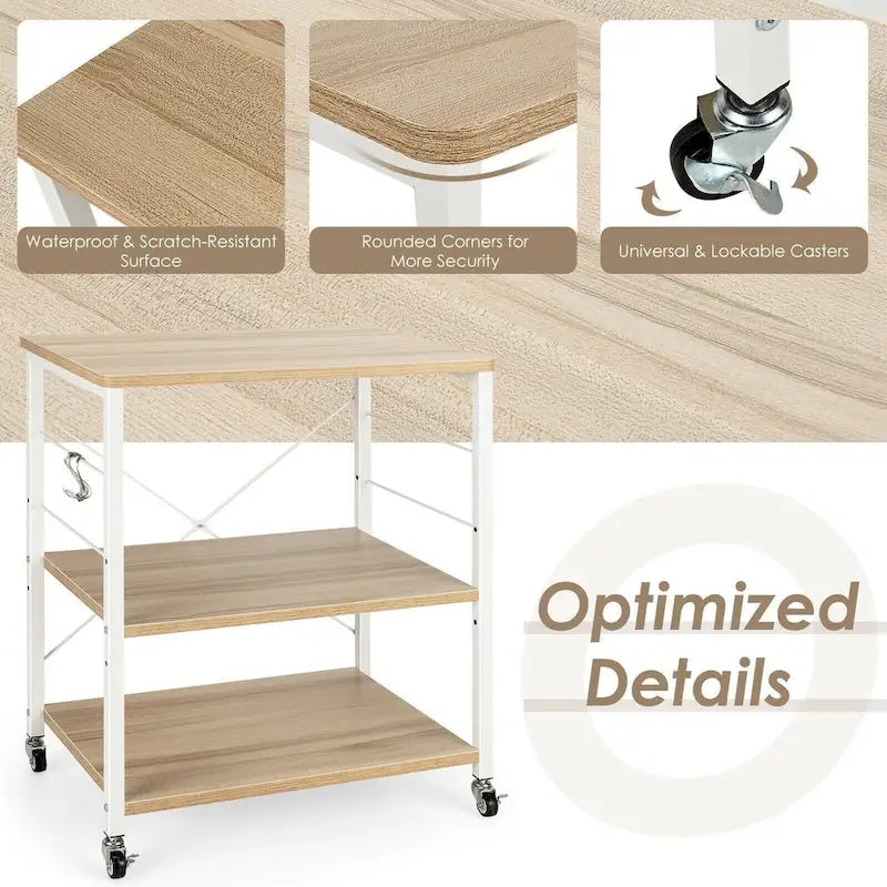 3-Tier Rolling Storage Cart with Adjustable Shelves and Hooks Rustic Brown