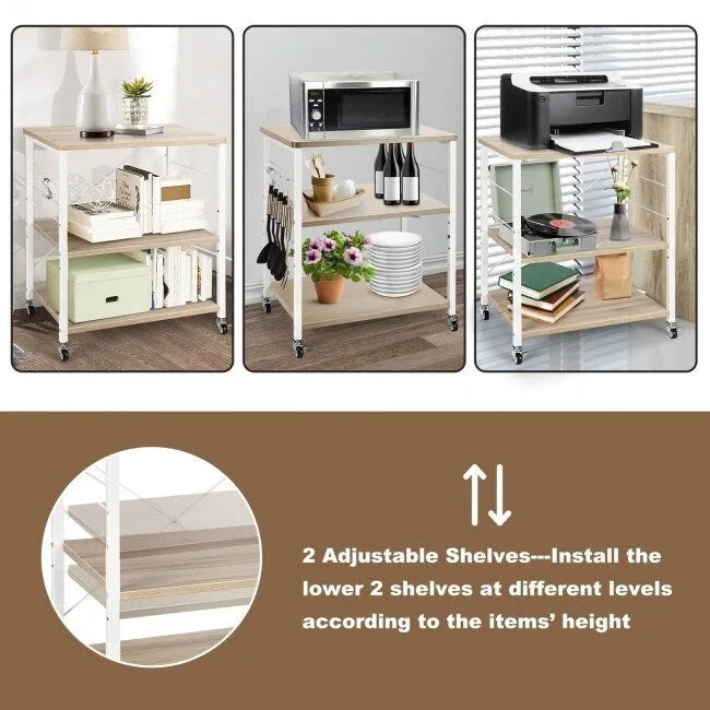 3-Tier Rolling Storage Cart with Adjustable Shelves and Hooks Rustic Brown