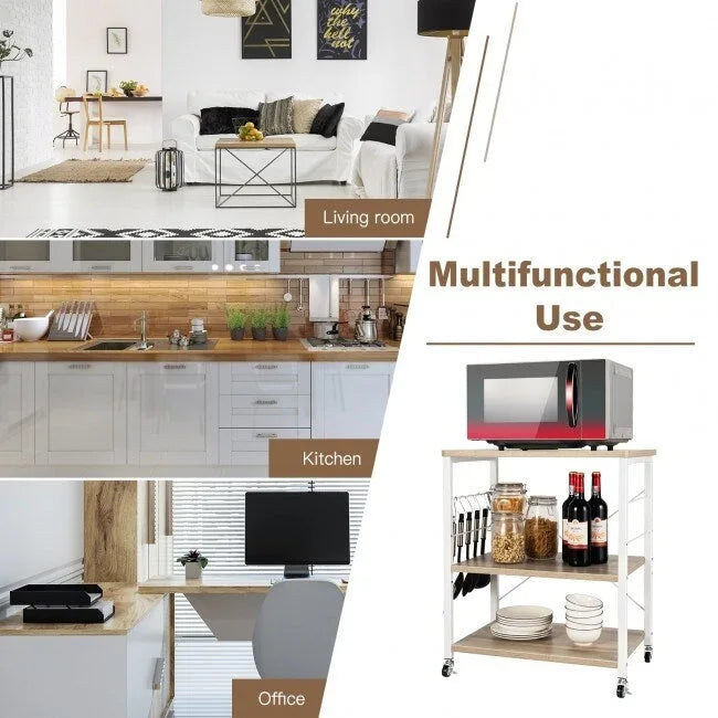 3-Tier Rolling Storage Cart with Adjustable Shelves and Hooks Rustic Brown