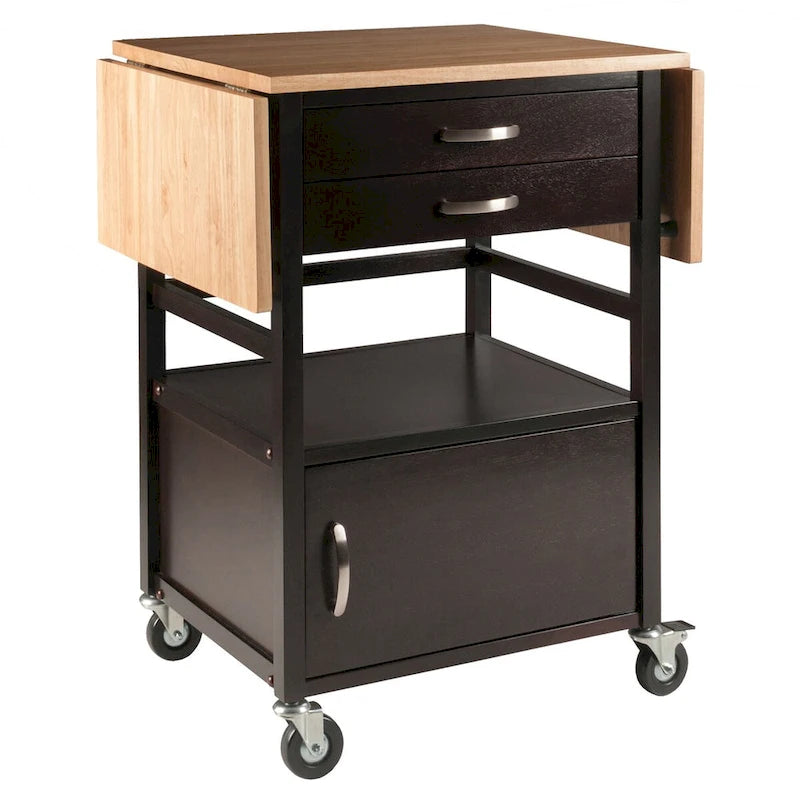 Drop Leaf Kitchen Cart with Storage Coffee Natural Wood Two-Tone