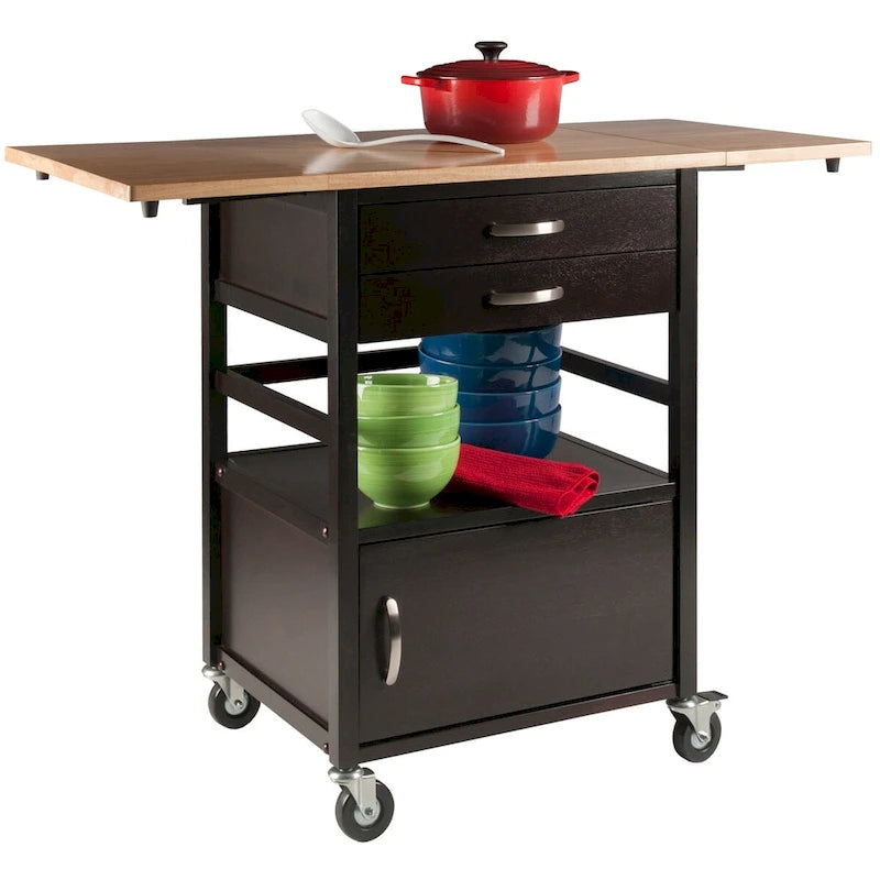 Drop Leaf Kitchen Cart with Storage Coffee Natural Wood Two-Tone