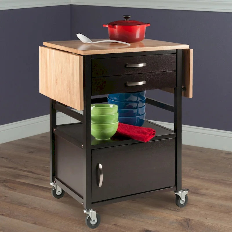 Drop Leaf Kitchen Cart with Storage Coffee Natural Wood Two-Tone