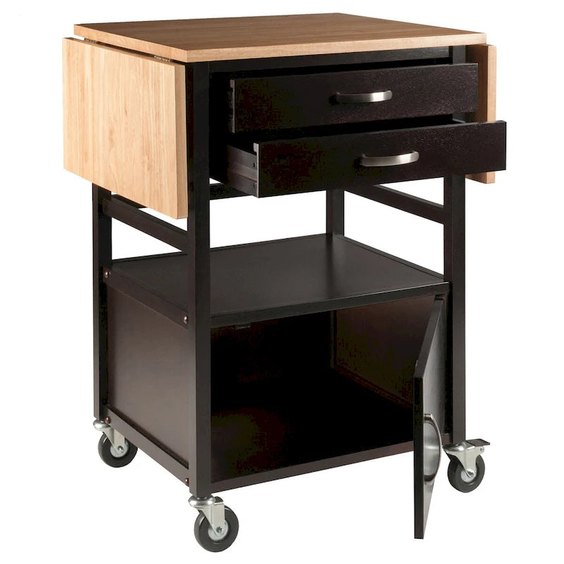 Drop Leaf Kitchen Cart with Storage Coffee Natural Wood Two-Tone
