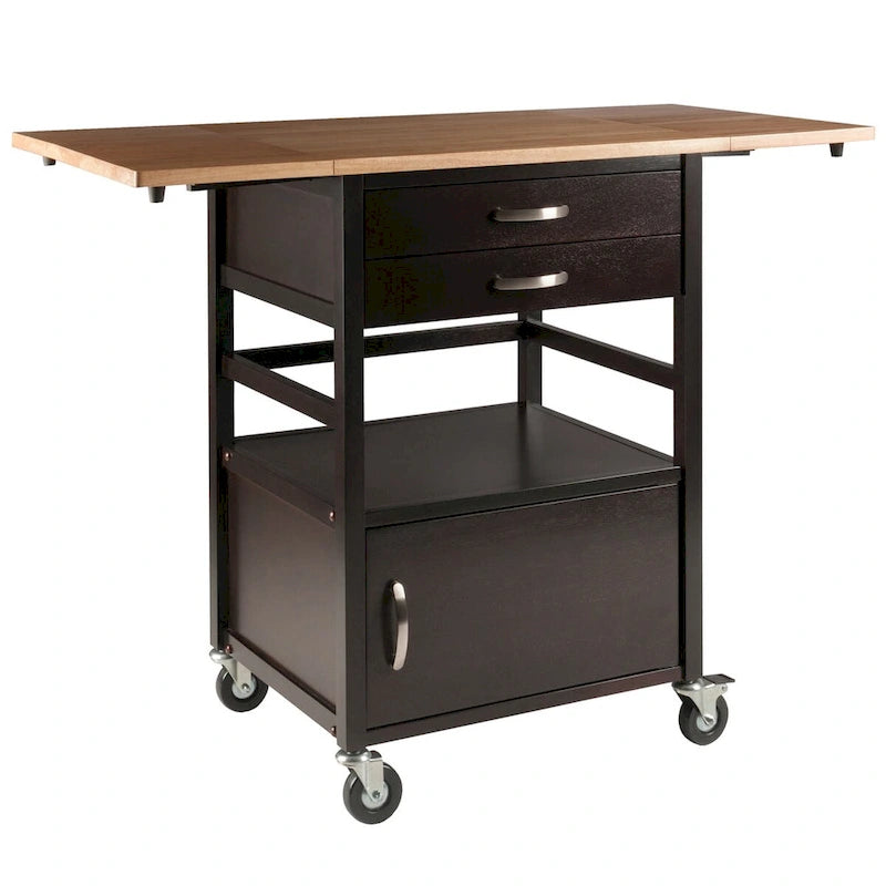 Drop Leaf Kitchen Cart with Storage Coffee Natural Wood Two-Tone