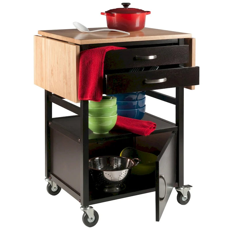Drop Leaf Kitchen Cart with Storage Coffee Natural Wood Two-Tone