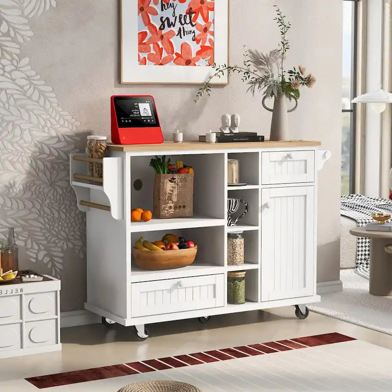Rolling Kitchen Island Cart with Wood Top, Storage Drawers and Locking Wheels – White