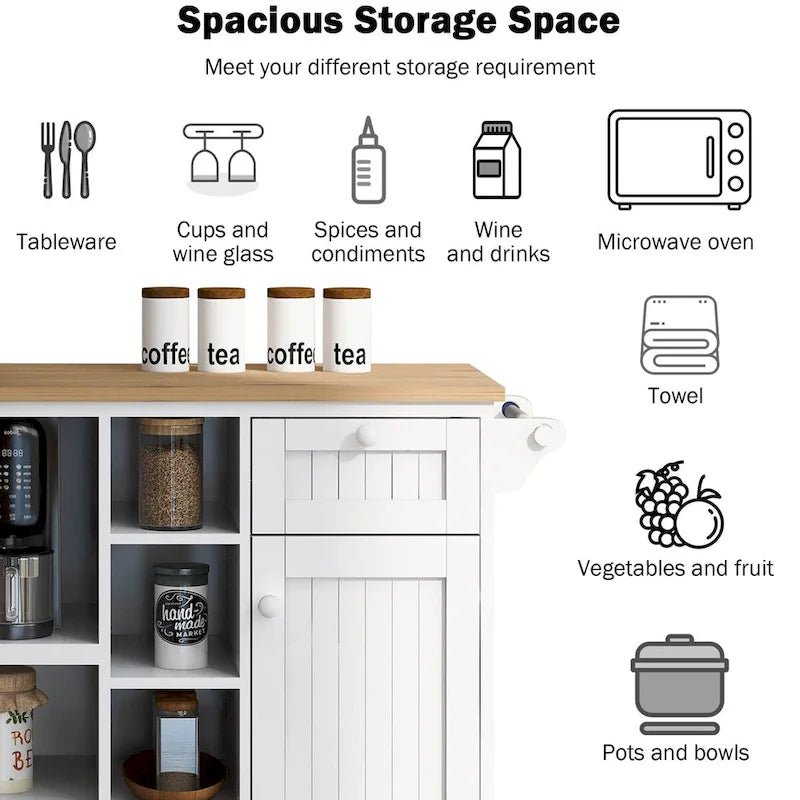 Rolling Kitchen Island Cart with Wood Top, Storage Drawers and Locking Wheels – White
