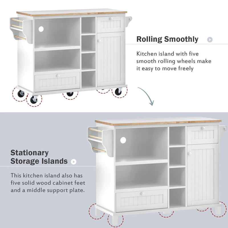 Rolling Kitchen Island Cart with Wood Top, Storage Drawers and Locking Wheels – White