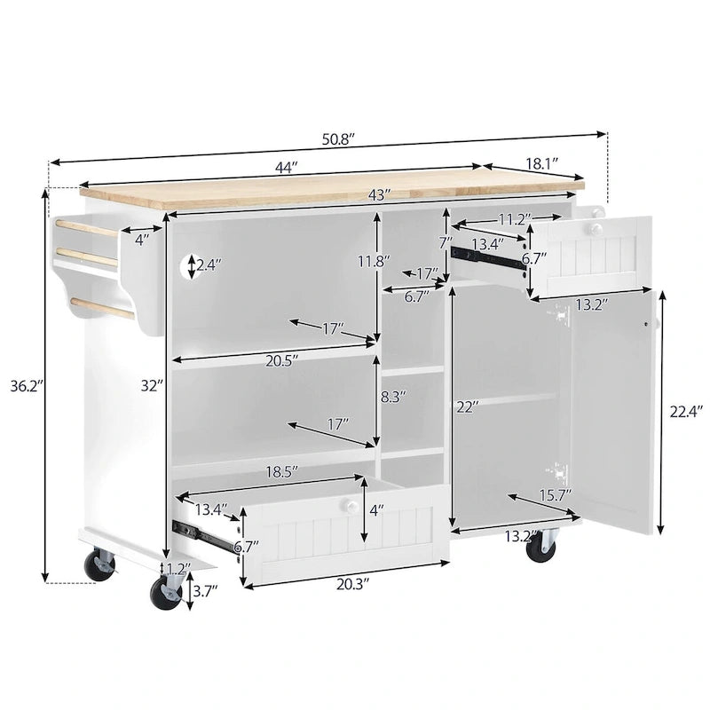 Rolling Kitchen Island Cart with Wood Top, Storage Drawers and Locking Wheels – White