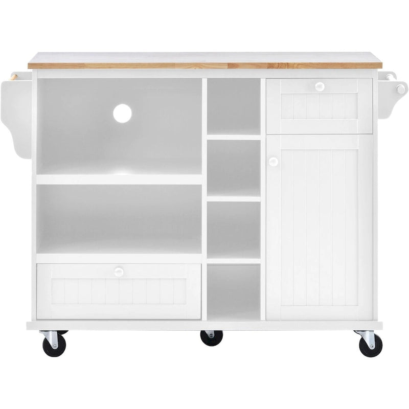 Rolling Kitchen Island Cart with Wood Top, Storage Drawers and Locking Wheels – White