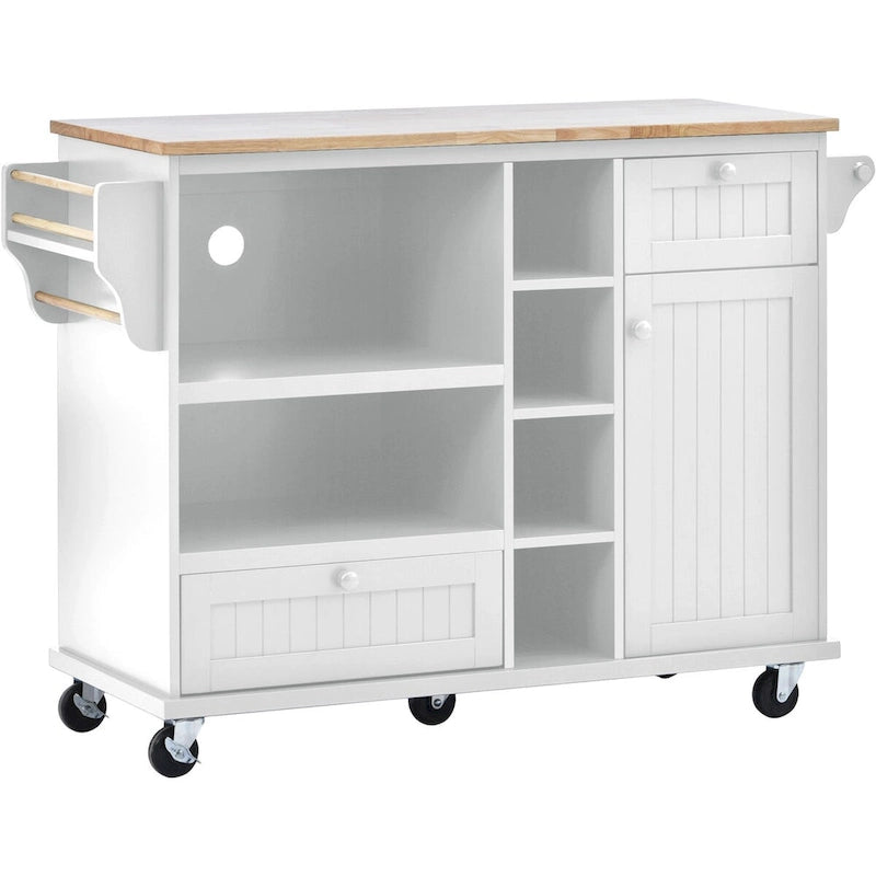 Rolling Kitchen Island Cart with Wood Top, Storage Drawers and Locking Wheels – White