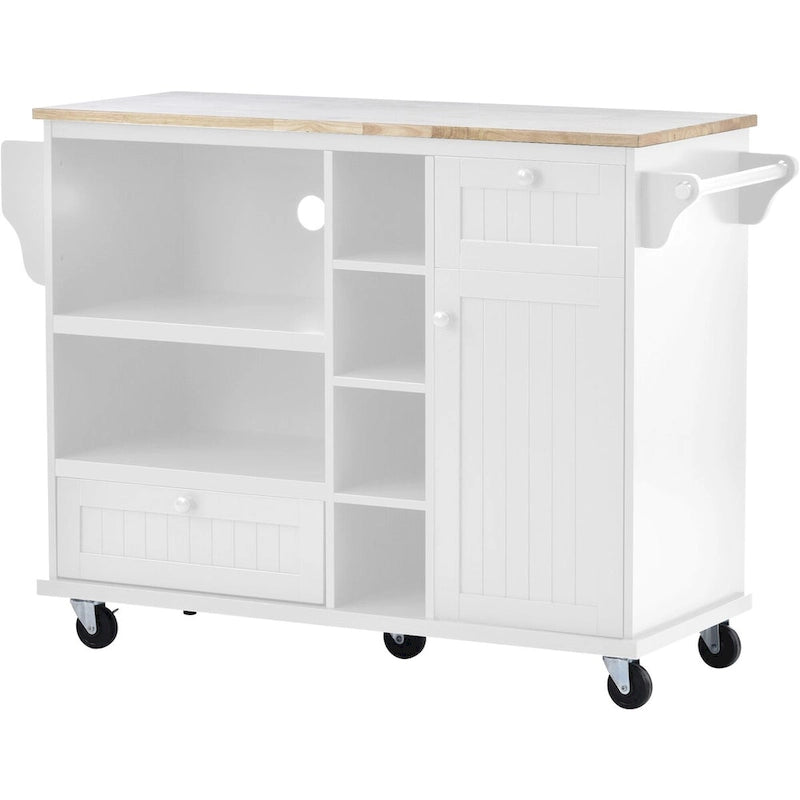 Rolling Kitchen Island Cart with Wood Top, Storage Drawers and Locking Wheels – White
