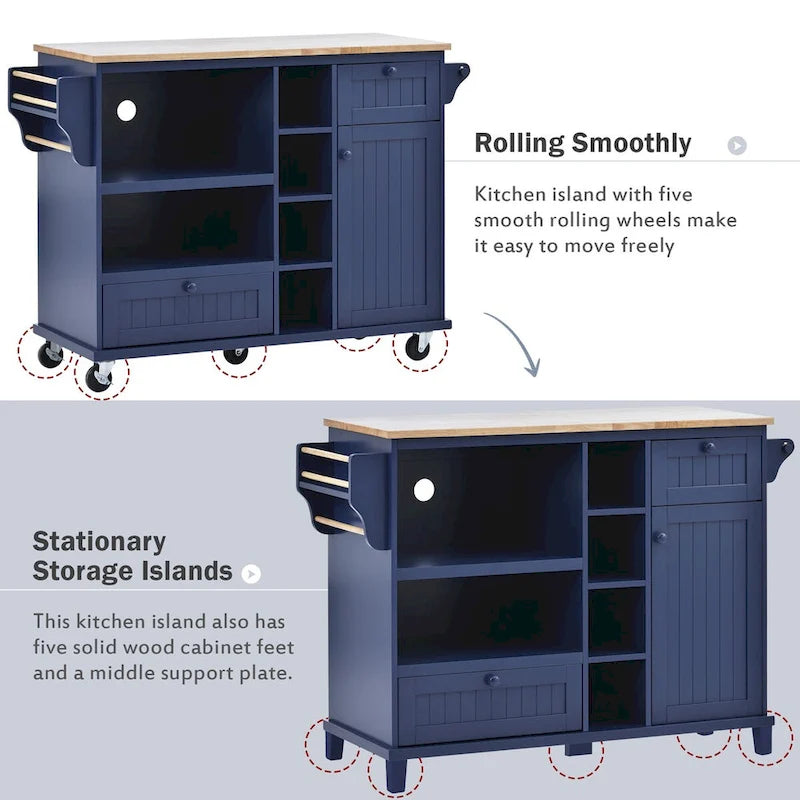 Rolling Kitchen Island Cart with Wood Top, Storage Drawers and Locking Wheels – White
